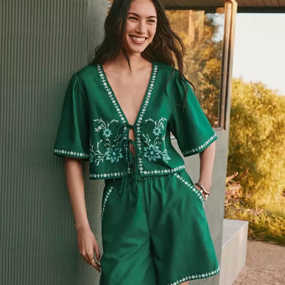 LOFT Green Embroidered Tie-Front Blouse